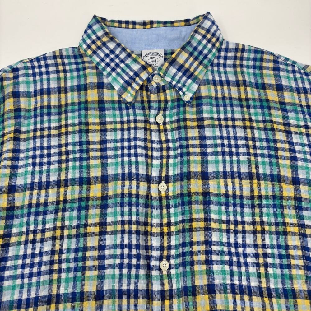 Brooks Brothers 2XL Blue Yellow Multicolor Short Sleeve Button Down Linen Shirt
